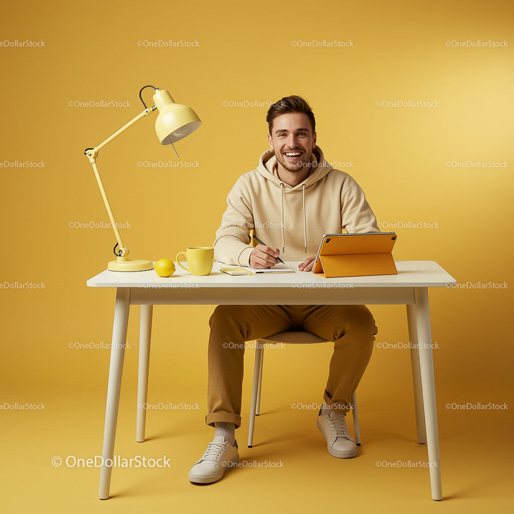 Smiling Man Working in a Modern Yellow Home Office