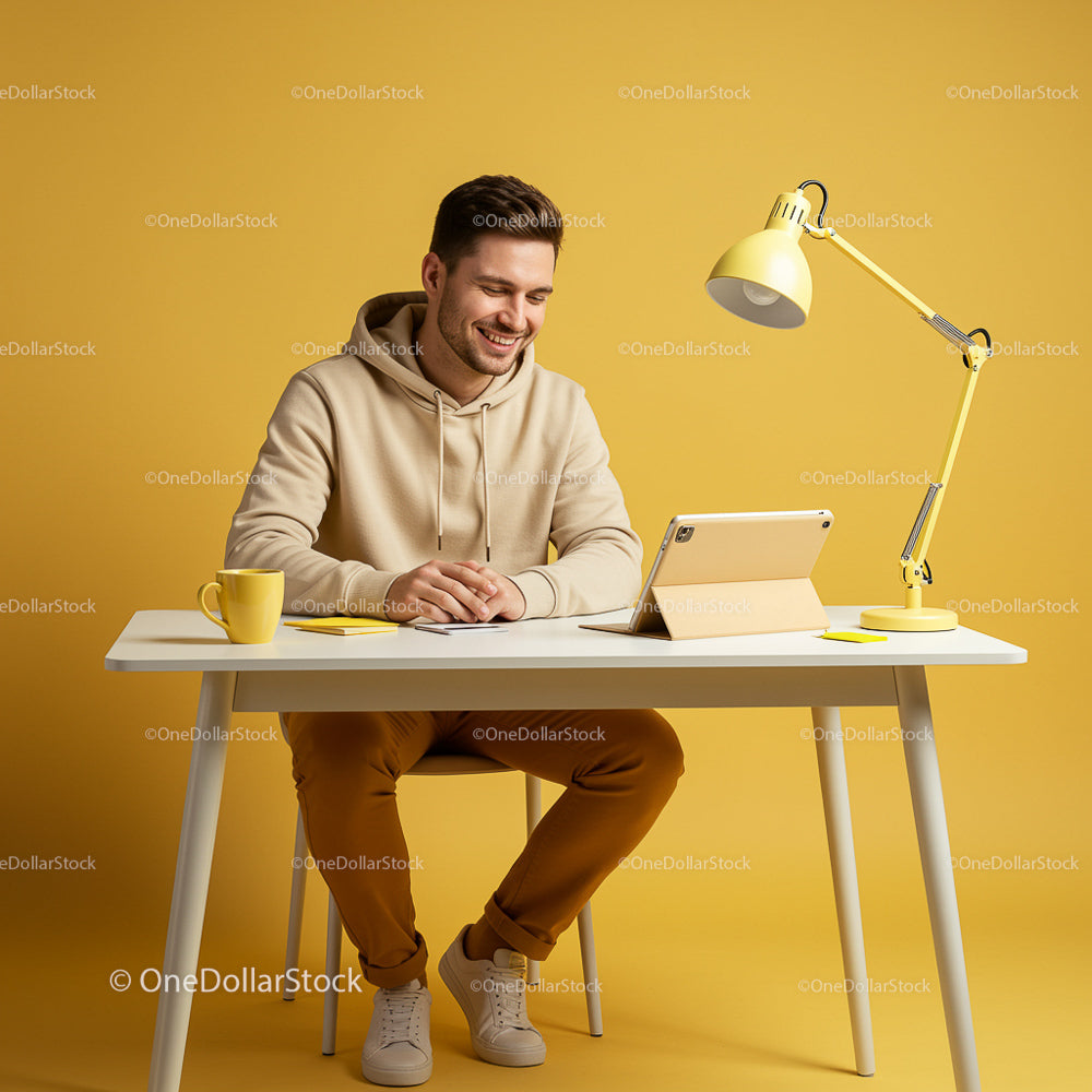 Smiling Man Working at Desk in Stylish Yellow Home Office