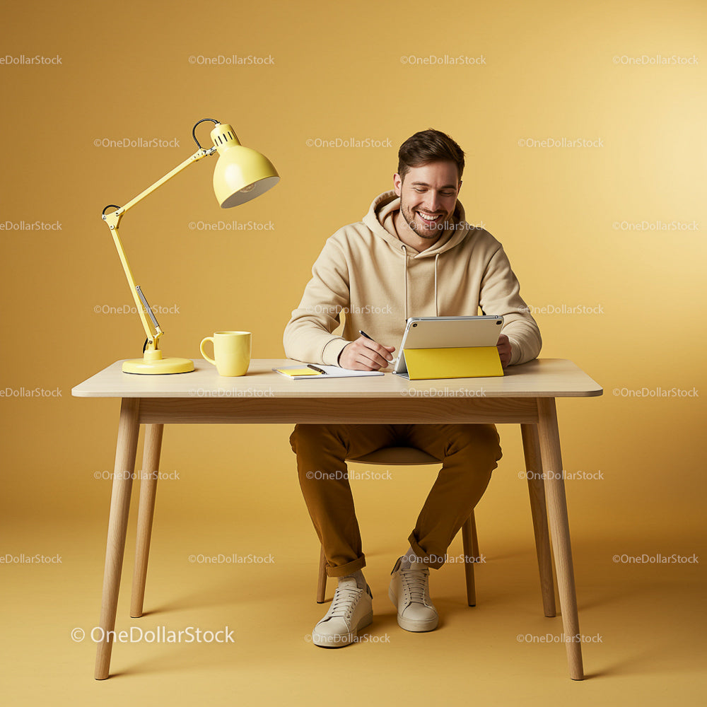 Young Man Working in a Modern Yellow Workspace