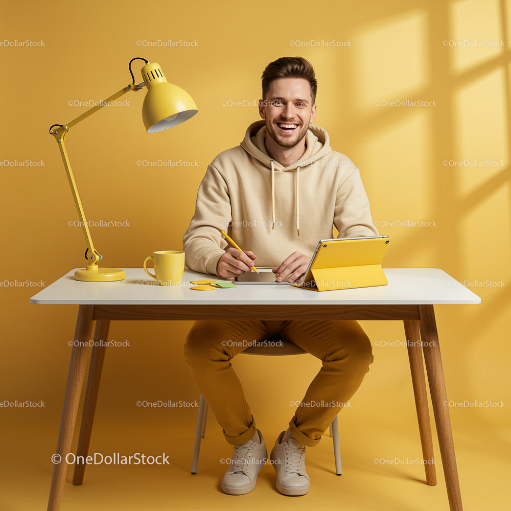 Smiling Young Man in Modern Yellow Themed Workspace