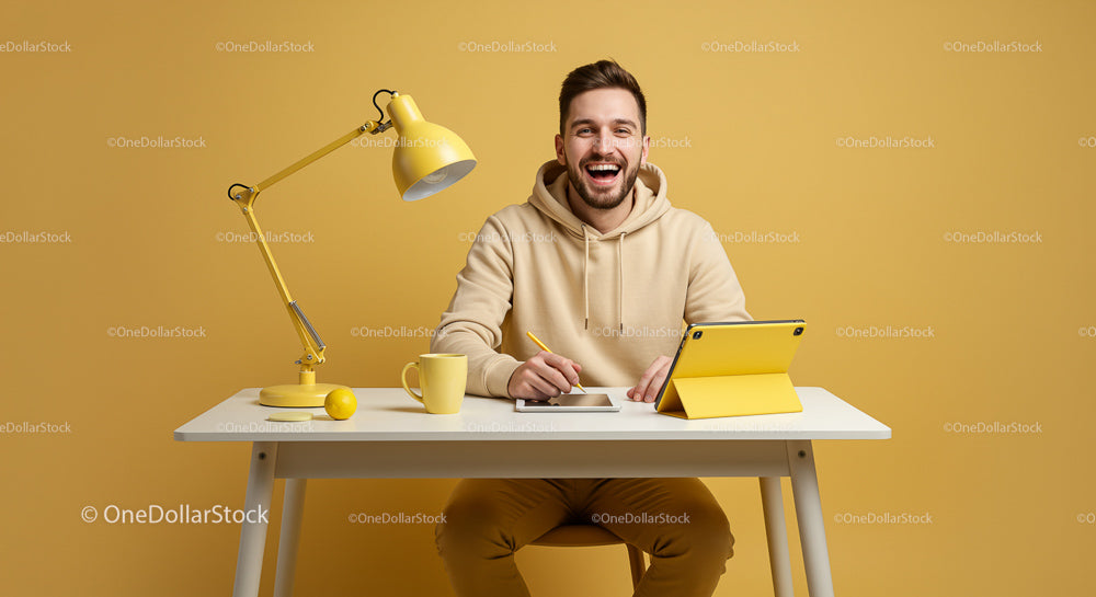Smiling Man Working at Home Office with Yellow Decor