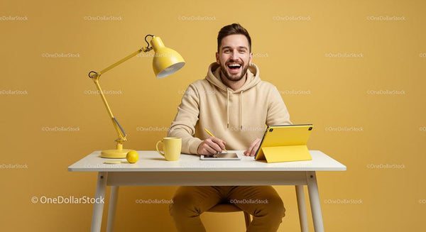 Smiling Man Working at Home Office with Yellow Decor