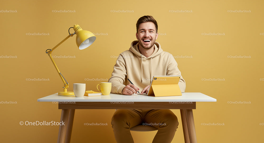 Smiling Man in Casual Style Working at Modern Yellow Workspace