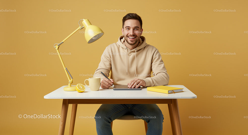 Smiling Man in Hoodie at Modern Yellow Workspace