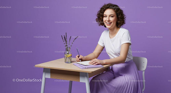 Smiling Woman Writing at Desk with Lavender Touch