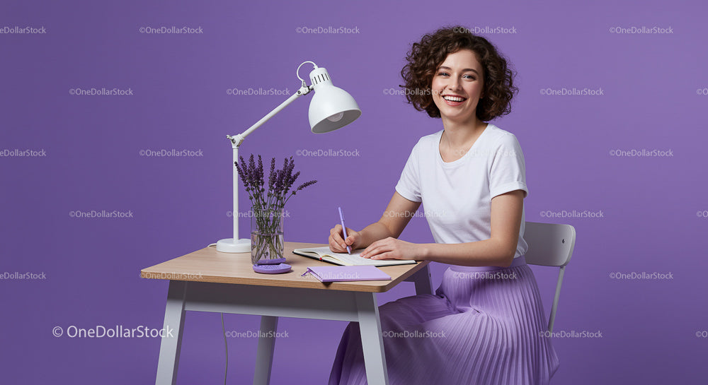 Smiling Woman Writing at Desk with Lavender Decoration