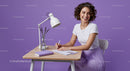 Smiling Woman Writing at Desk with Lavender Decor