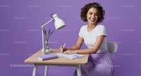 Smiling Woman Writing at Desk with Lavender Decor