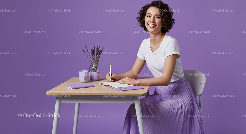 Smiling Woman in Purple Skirt Writing at Desk with Lavender