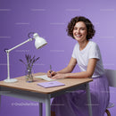 Smiling Woman Writing at Desk with Lavender