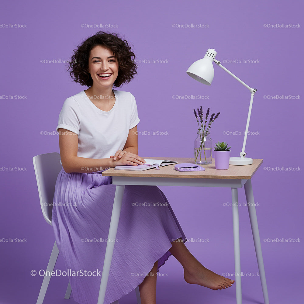 Smiling Woman at Desk with Lavender Decor