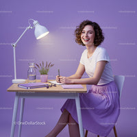 Smiling Woman Writing at Elegant Purple Desk