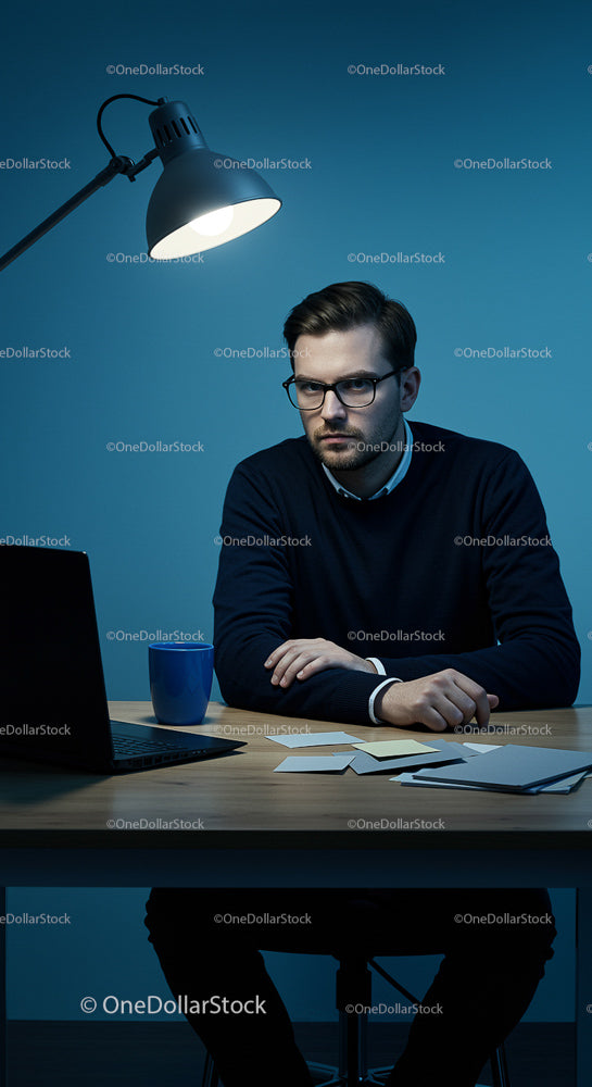 Serious Businessman Working Late in a Modern Office