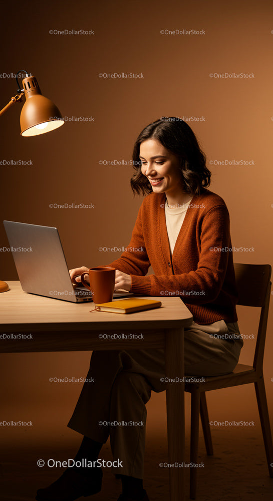 Smiling Woman Working on Laptop in a Cozy Home Office