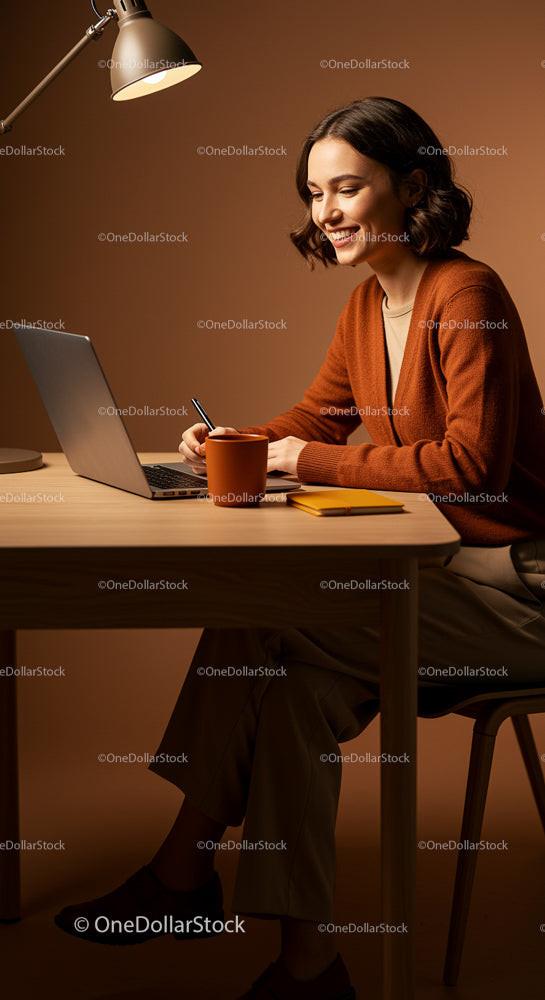 Woman in Cozy Home Office Working on Laptop