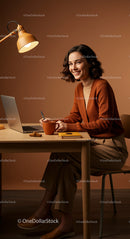 Smiling Woman Working at Home Office Desk with Laptop