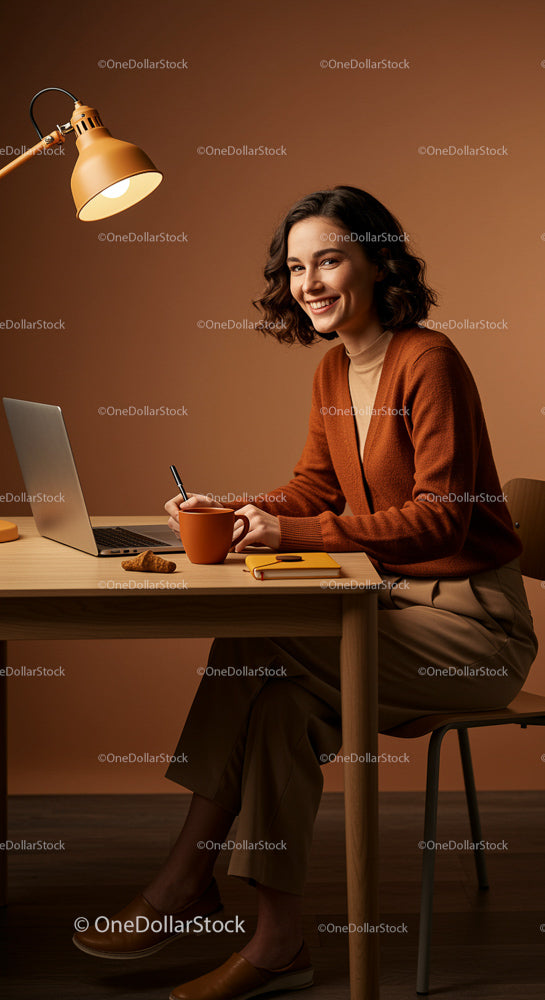 Smiling Woman Working at Home Office Desk with Laptop