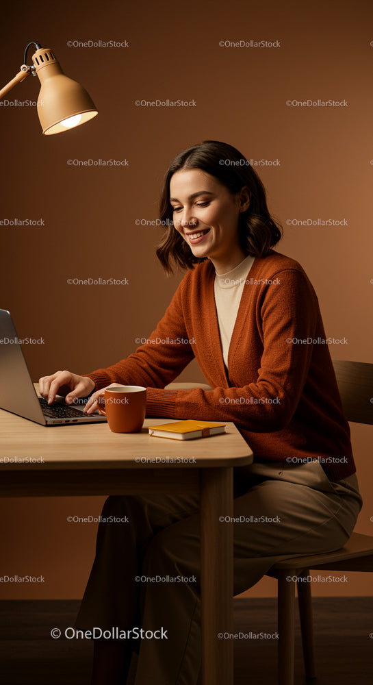 Smiling Woman Working at Home Office with Laptop