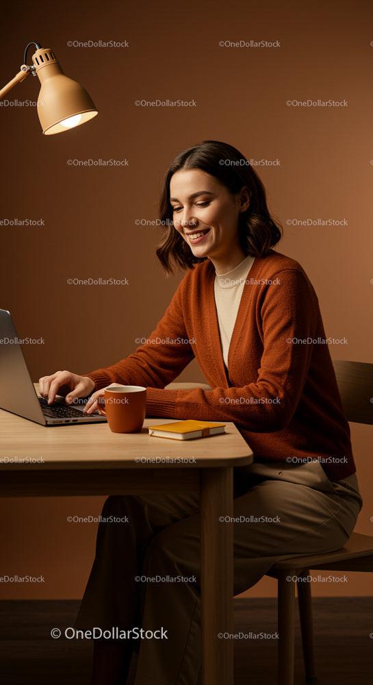 Smiling Woman Working at Home Office with Laptop
