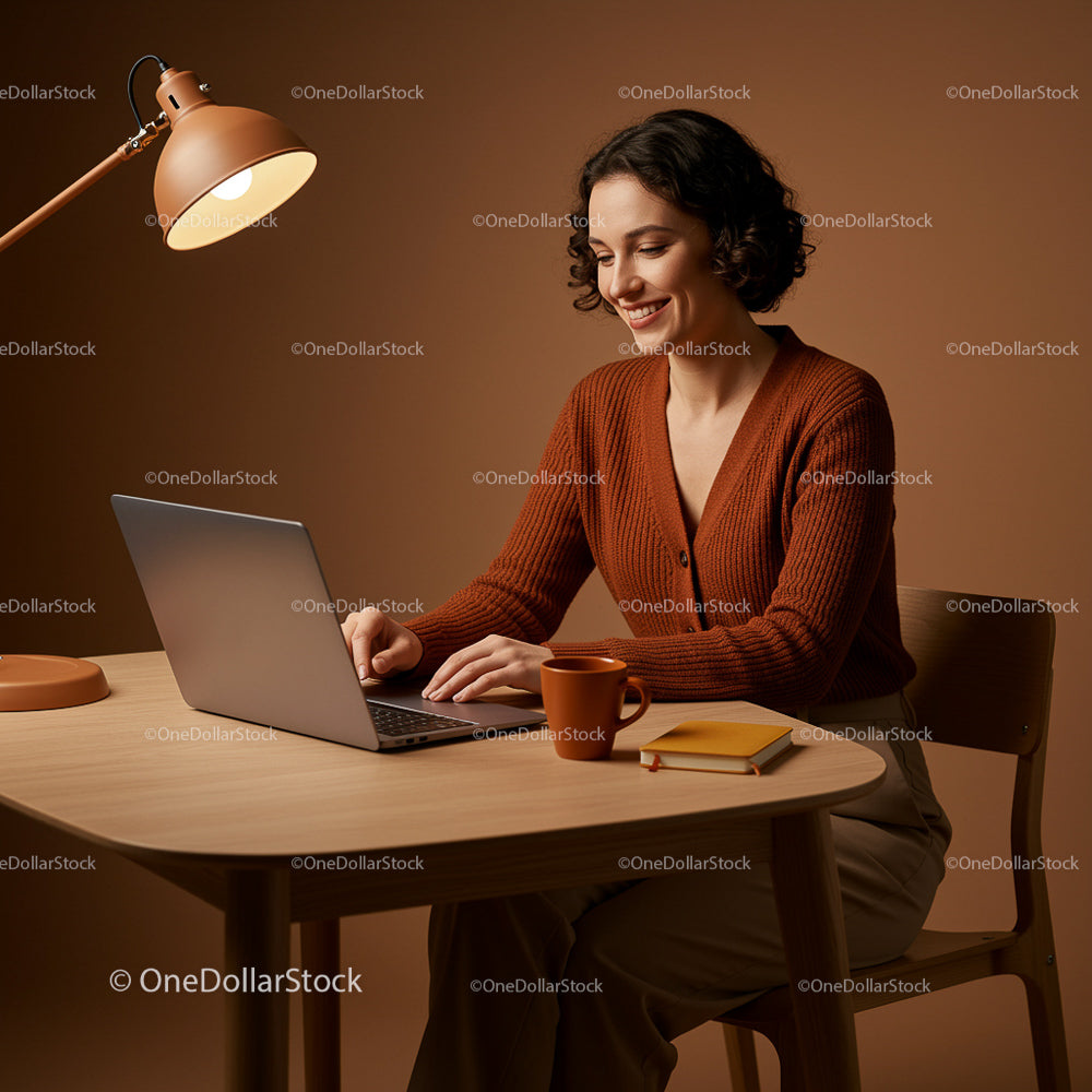Woman Smiling While Working on Laptop at Cozy Home Office