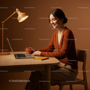 Woman Working from Home in Warm Toned Workspace