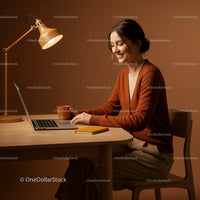 Woman Working from Home in Warm Toned Workspace