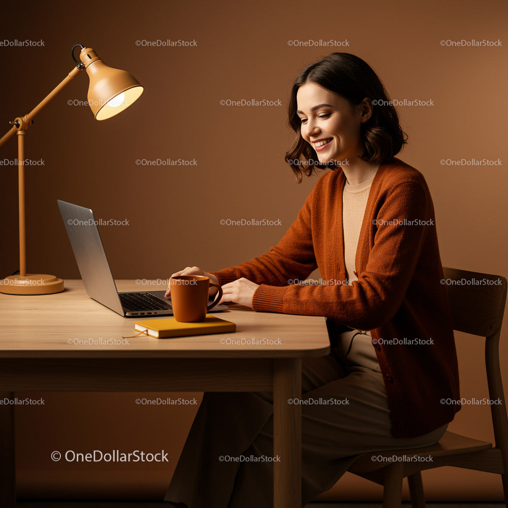 Smiling Woman Working on Laptop in Cozy Home Office
