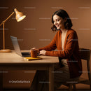 Smiling Woman Working on Laptop in Cozy Home Office