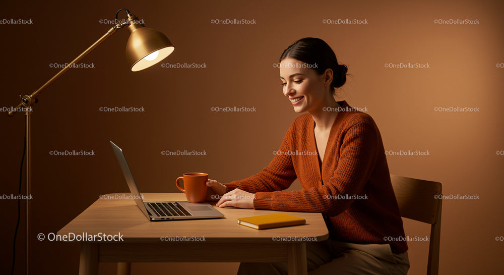 Woman Smiling While Working on Laptop in Cozy Home Office
