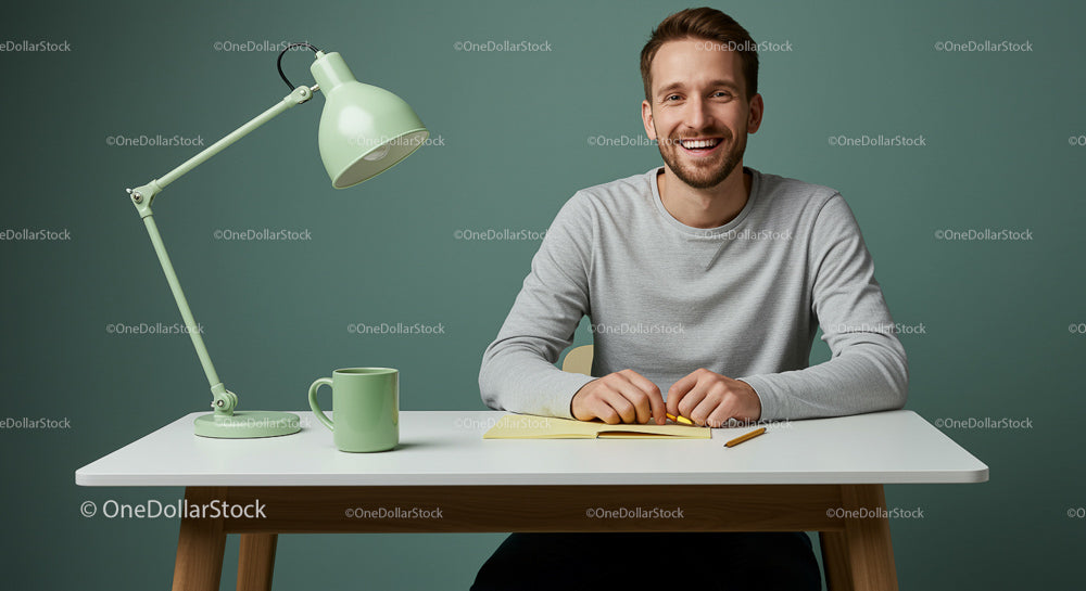 Smiling Man at Minimalist Desk in Green Office Environment