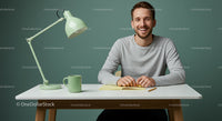 Smiling Man at Minimalist Desk in Green Office Environment