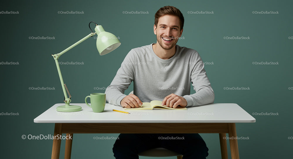 Smiling Man Enjoying Reading at a Modern Desk