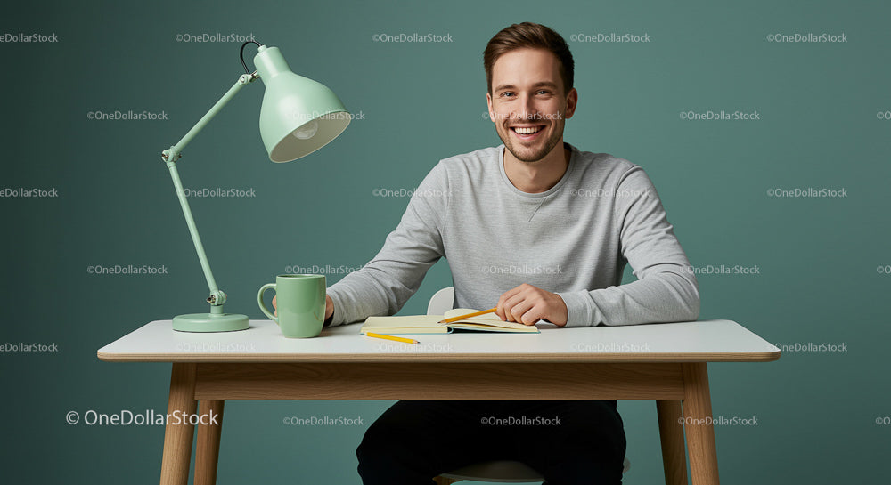 Smiling Man Working at a Modern Desk with Notebook and Lamp