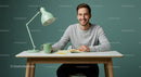 Smiling Man Working at a Modern Desk with Notebook and Lamp
