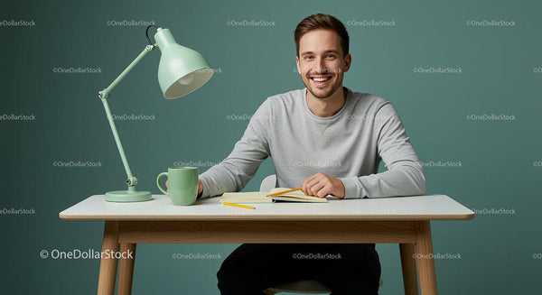 Smiling Man Working at a Modern Desk with Notebook and Lamp