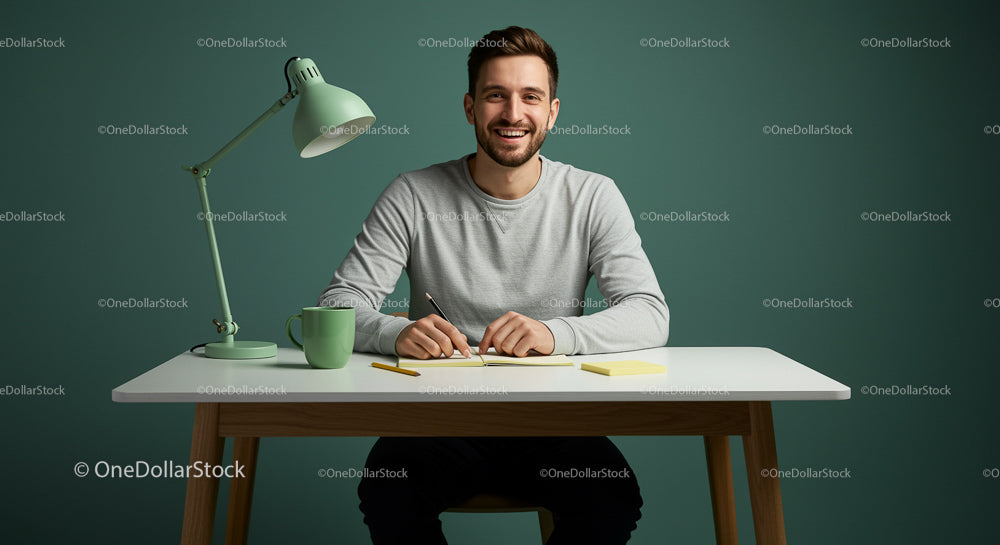 Smiling Man Writing at Modern Desk in Cozy Home Office