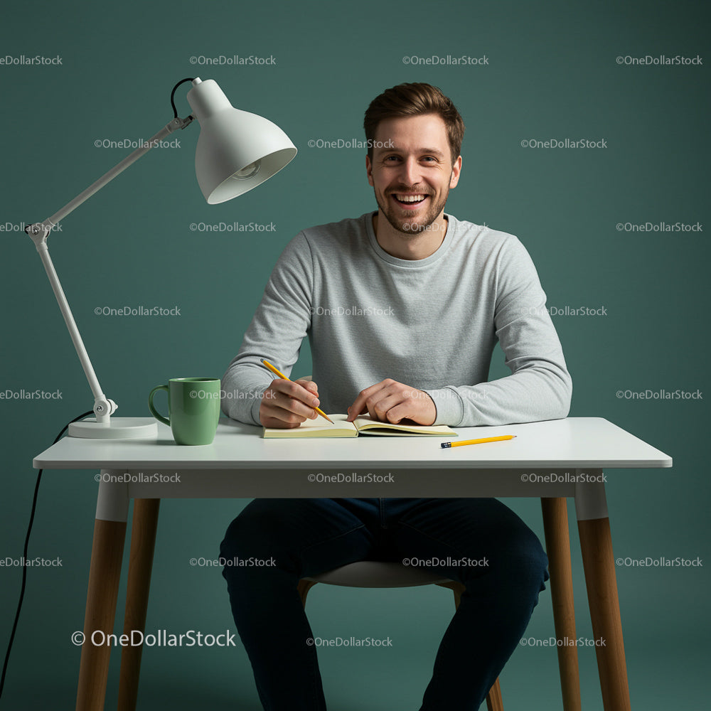 Smiling Man Writing at a Modern Home Office Desk