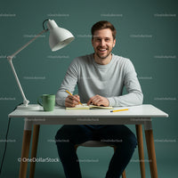 Smiling Man Writing at a Modern Home Office Desk