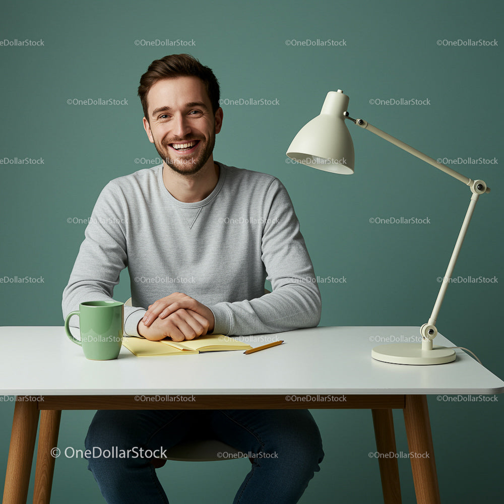 Smiling Man at Modern Desk with Green Mug and Lamp