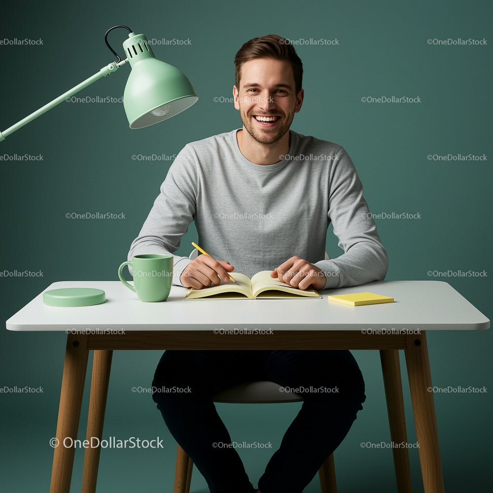 Smiling Man Writing at Modern Minimalist Desk