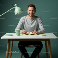 Smiling Man Writing at Modern Minimalist Desk