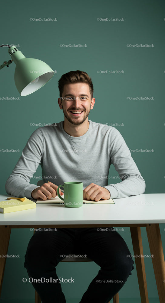 Smiling Man at Modern Desk with Green Lamp