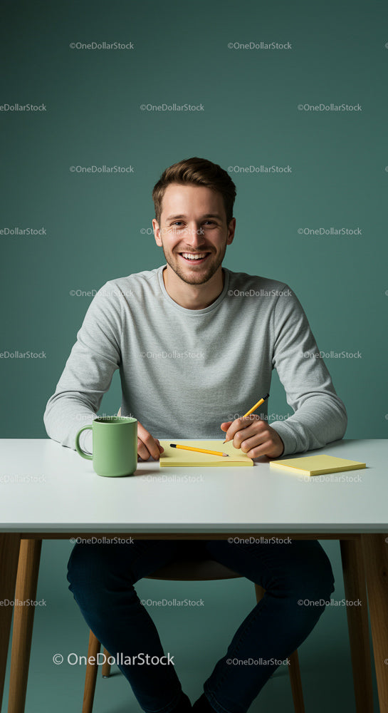 Smiling Man Taking Notes in Modern Workspace