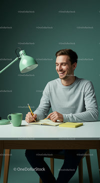 Smiling Man Writing at a Modern Desk with Green Lamp