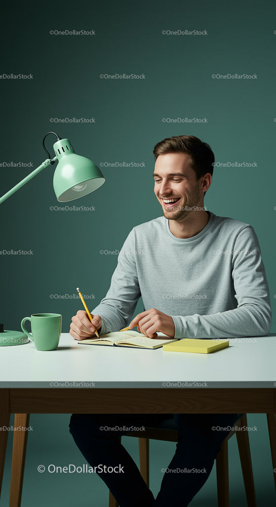 Smiling Man Writing at a Modern Desk with Green Lamp