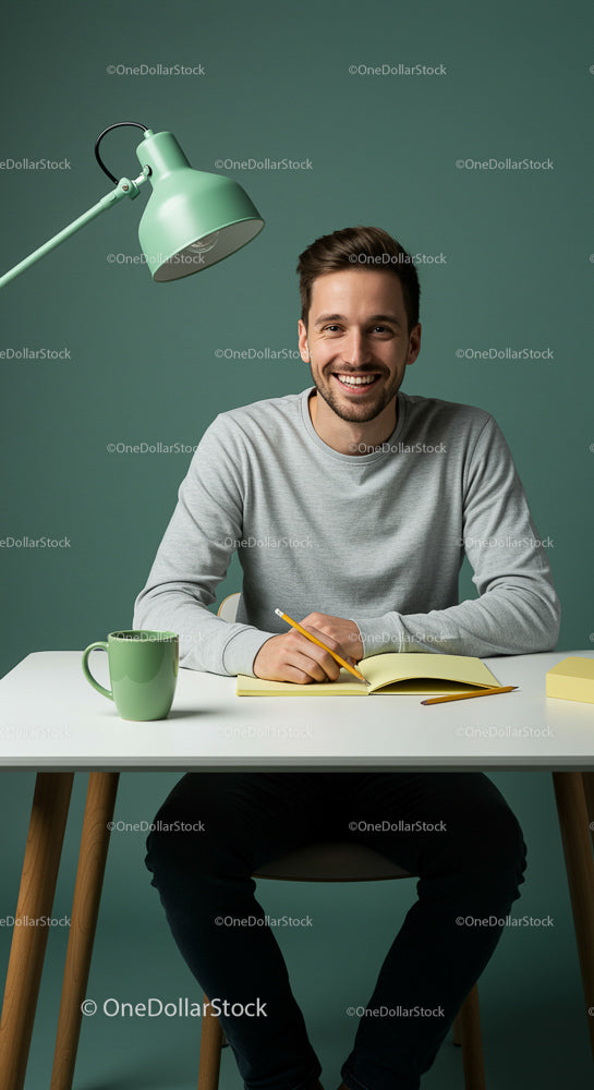 Smiling Man Writing at Modern Desk in Minimalistic Workspace