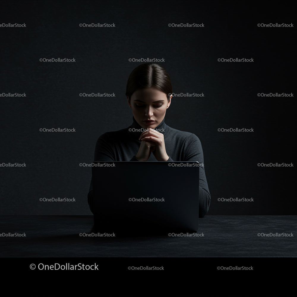 Businesswoman Deep in Thought Behind Laptop