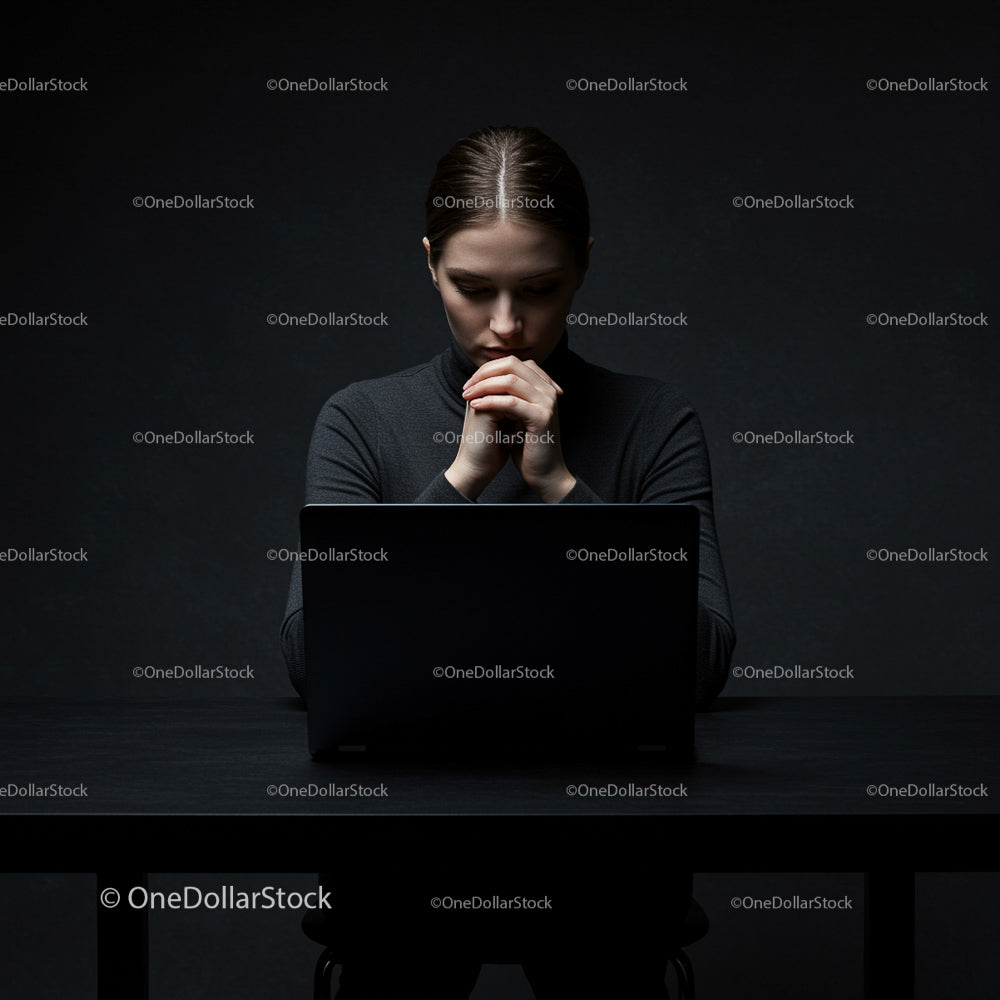 Pensive Woman Deep in Thought with Laptop in Dim Lighting
