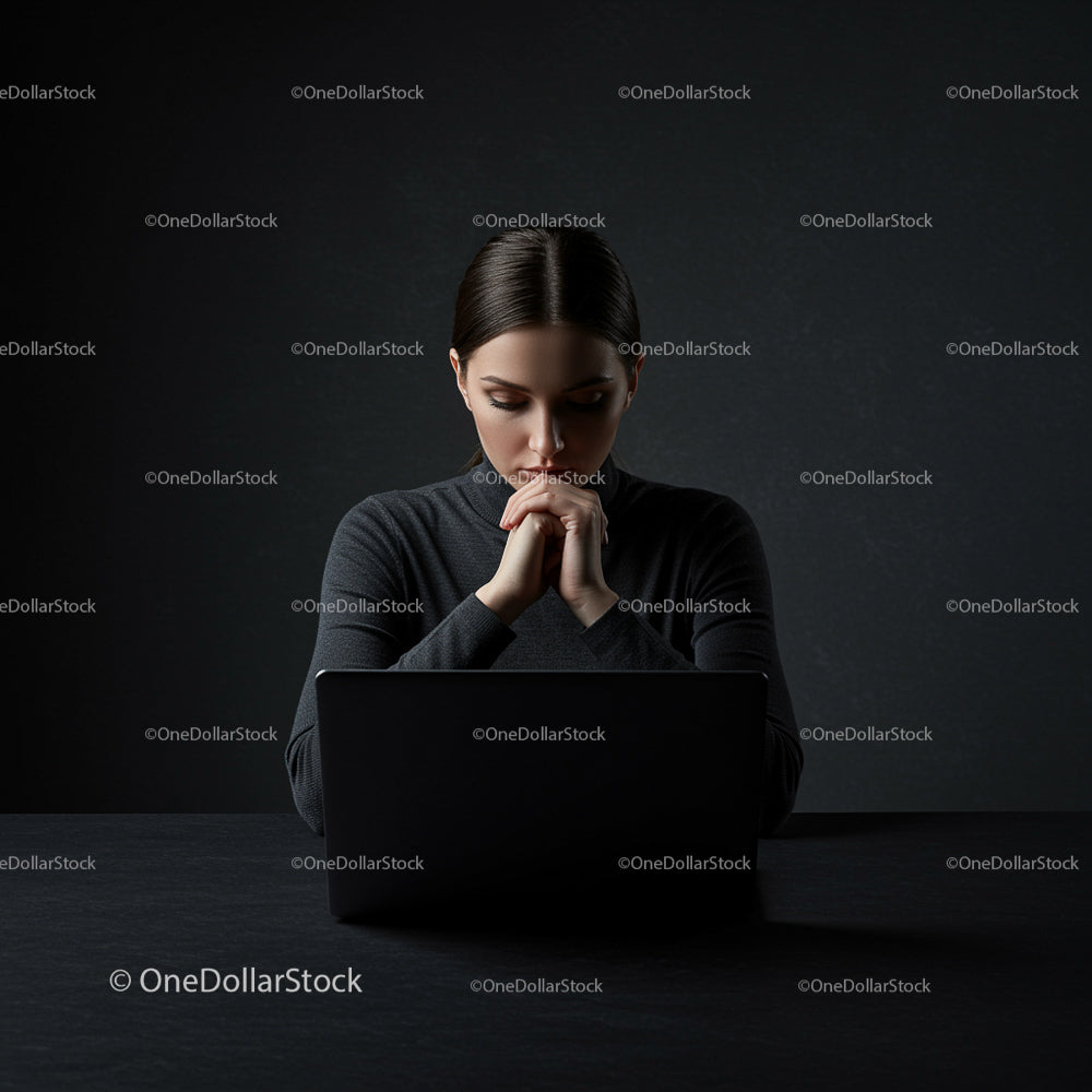 Focused Woman Working on Laptop in Dark Room