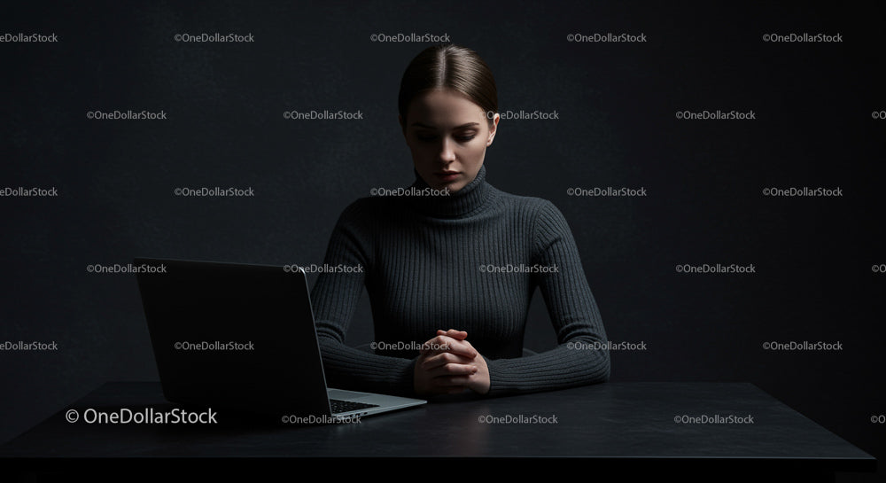 Focused Woman Working on Laptop in Dark Setting